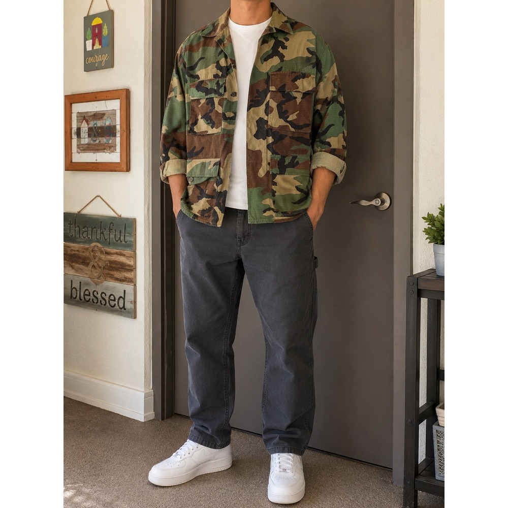 Military BDU Woodland Camo Field Jacket Ripstop Medium Short Tactical Shirt Coat